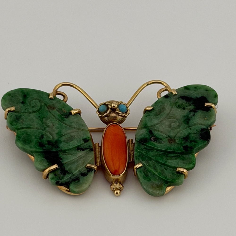 Vintage 18K Gold Moth Butterfly Brooch Carved Green Jade Coral Stone Turquoise - Picture 2 of 14